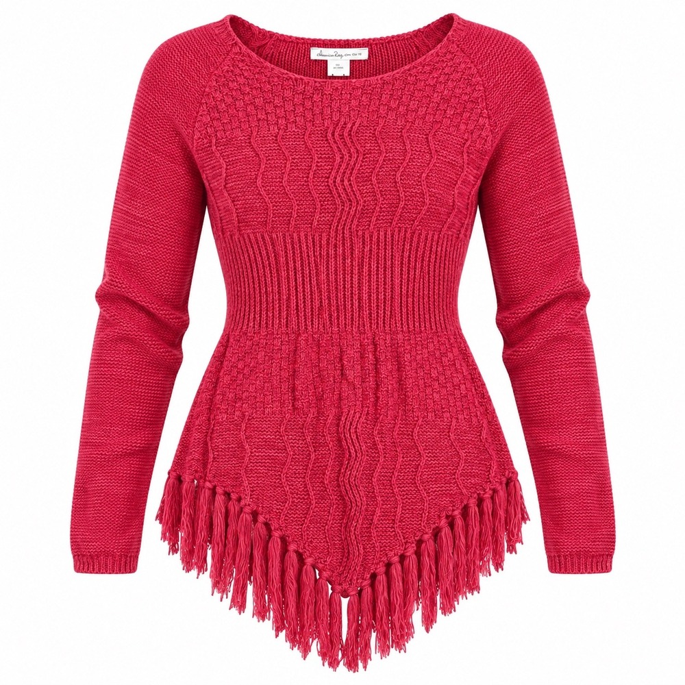 American Rag Fringe Asymmetrical Boho Sweater Small red edgy witchy knit cotton